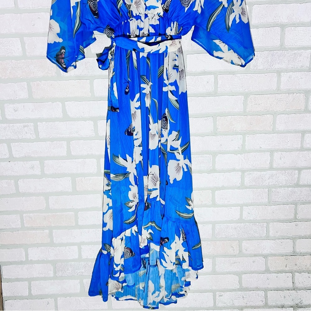 Urban Touch NWT Yumi Blue Floral Print Kimono Midi Wrap Dress Size 18 - Picture 4 of 11